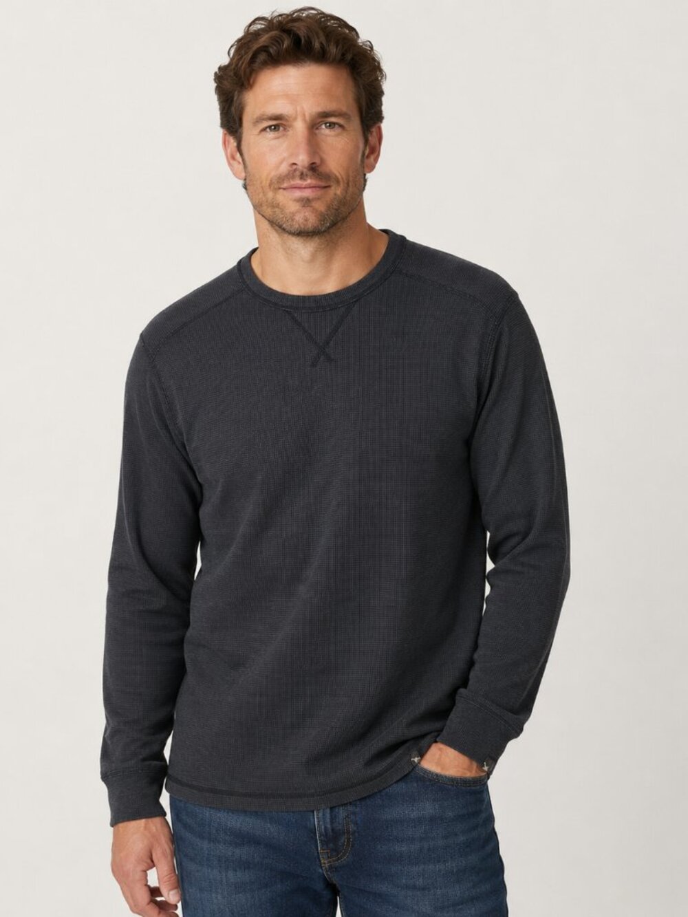Eddie Bauer Men’s TXL Tall XL Charcoal Waffle Knit Long Sleeve Thermal Shirt Cre